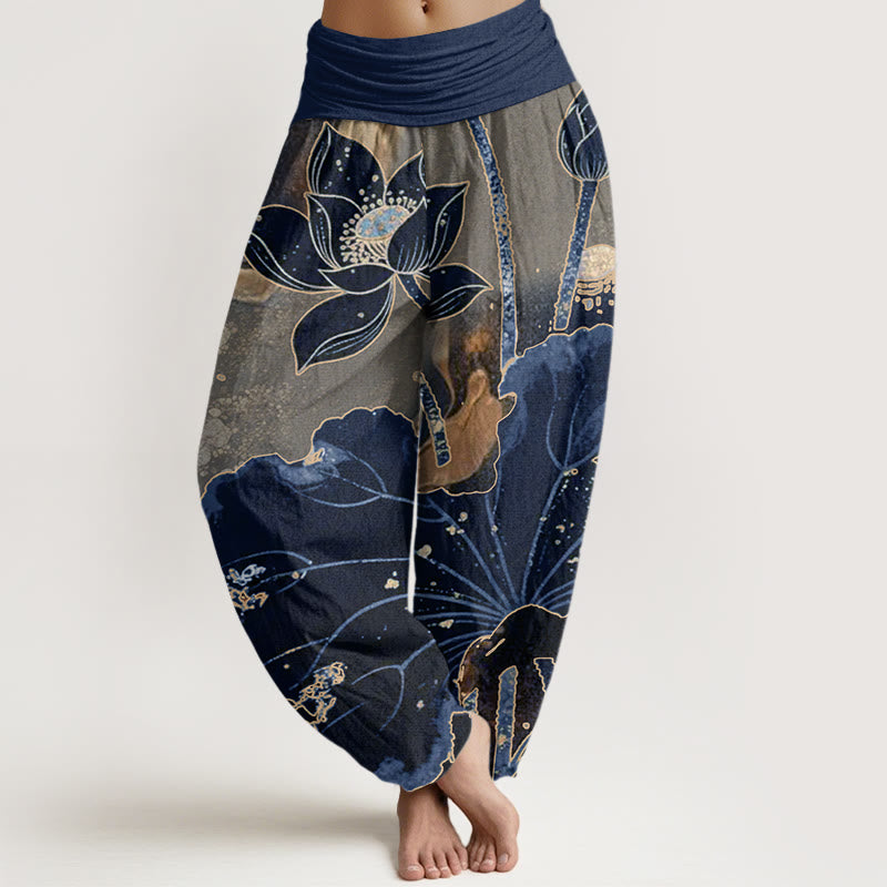 Buddha Stones Casual Lotus Płatek Wzór Damskie Spodnie Harem Elastyczna Talia - Marynarka wojenna - US22, UK/AU26, EU54 (6XL) - image 8