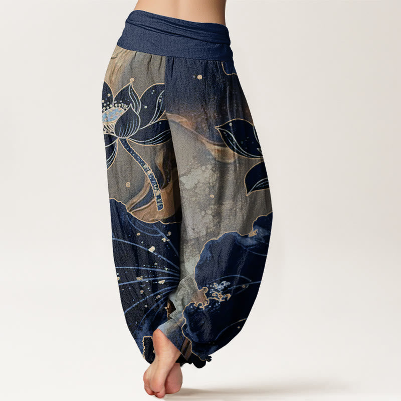 Buddha Stones Casual Lotus Płatek Wzór Damskie Spodnie Harem Elastyczna Talia - image 10