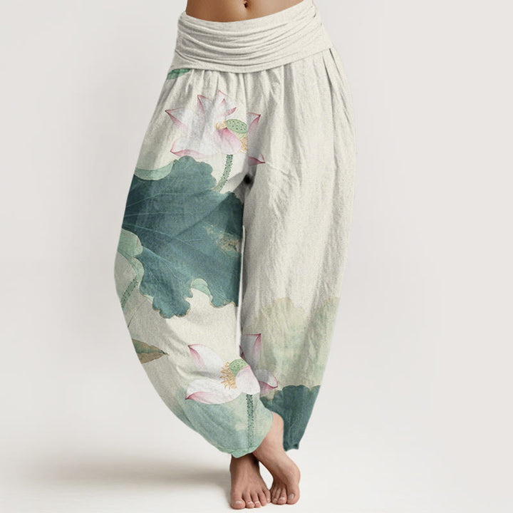 Spodnie haremowe damskie z elastyczną talią i wzorem płatków lotosu z motywem kamieni Buddha Stones - ŚredniaAkwamaryna - US22, UK/AU26, EU54 (6XL) - image 0