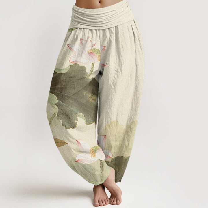 Buddha Stones Casual Lotus Płatki Wzór Damskie Spodnie Harem Elastyczna Talia - Beżowy - US22, UK/AU26, EU54 (6XL) - image 5