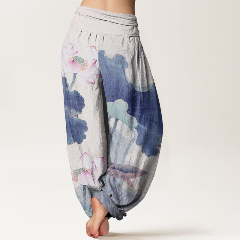 Buddha Stones Casual Lotus Płatki Wzór Damskie Spodnie Harem Elastyczna Talia - image 10