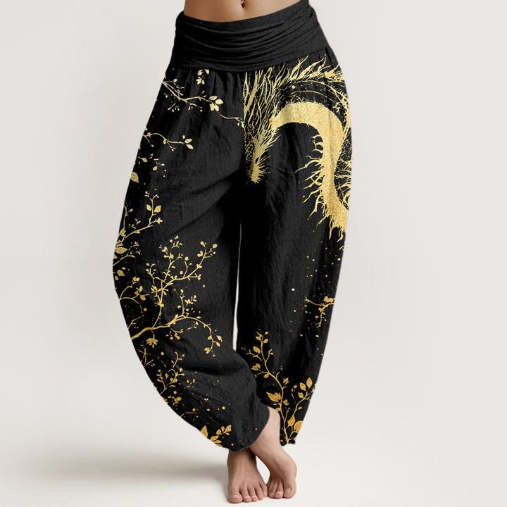 Spodnie haremowe damskie z elastyczną talią i bawełnianym wzorem w kwiaty smoka i liście z motywem kamieni Buddha Stones - Czarny - US22, UK/AU26, EU54 (6XL) - image 0