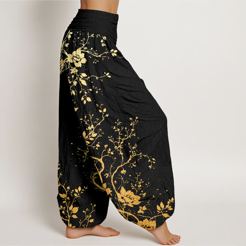 Buddha Stones Casual Dragon Flower Leaf Pattern Damskie spodnie haremowe z elastyczną talią - image 2