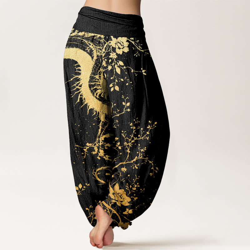 Buddha Stones Casual Dragon Flower Leaf Pattern Damskie spodnie haremowe z elastyczną talią - image 3