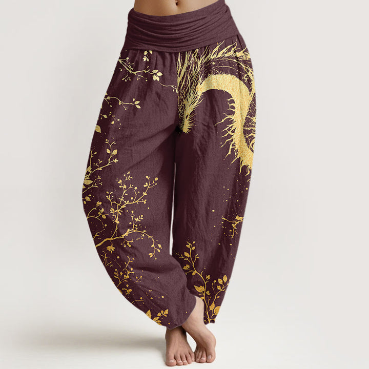 Buddha Stones Casual Dragon Flower Leaf Pattern Damskie spodnie haremowe z elastyczną talią - Kasztanowaty - US22, UK/AU26, EU54 (6XL) - image 4