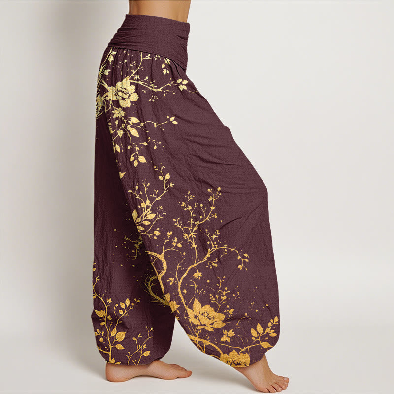 Buddha Stones Casual Dragon Flower Leaf Pattern Damskie spodnie haremowe z elastyczną talią - image 6