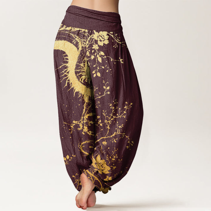Buddha Stones Casual Dragon Flower Leaf Pattern Damskie spodnie haremowe z elastyczną talią - image 7