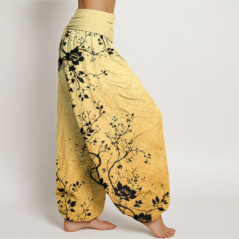 Buddha Stones Casual Dragon Flower Leaf Pattern Damskie spodnie haremowe z elastyczną talią - image 9