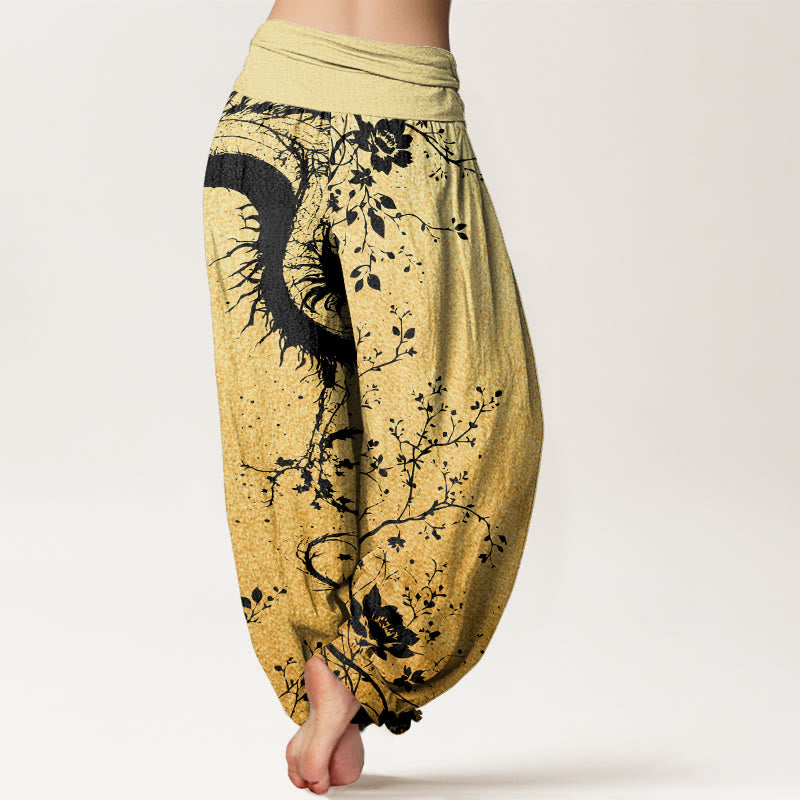 Buddha Stones Casual Dragon Flower Leaf Pattern Damskie spodnie haremowe z elastyczną talią - image 9