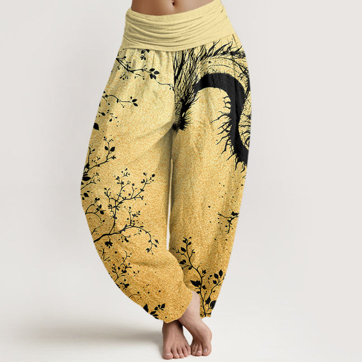 Spodnie haremowe damskie z elastyczną talią i bawełnianym wzorem w kwiaty smoka i liście z motywem kamieni Buddha Stones - Khaki - US22, UK/AU26, EU54 (6XL) - image 7