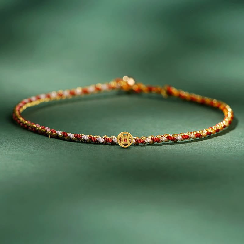 Buddha Stones Kolorowa Lina Szczęścia Moneta Koralik Obfitość Bardzo Cienka Bransoletka Pleciona - Czerwony - Lina z miedzianą monetą - 20 cm - image 7