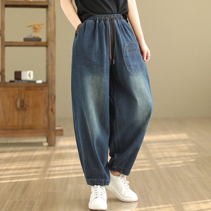 Spodnie haremowe damskie Buddha Stones Casual DarkSlateBlue Plain Drawstring Cotton z kieszeniami - image 4