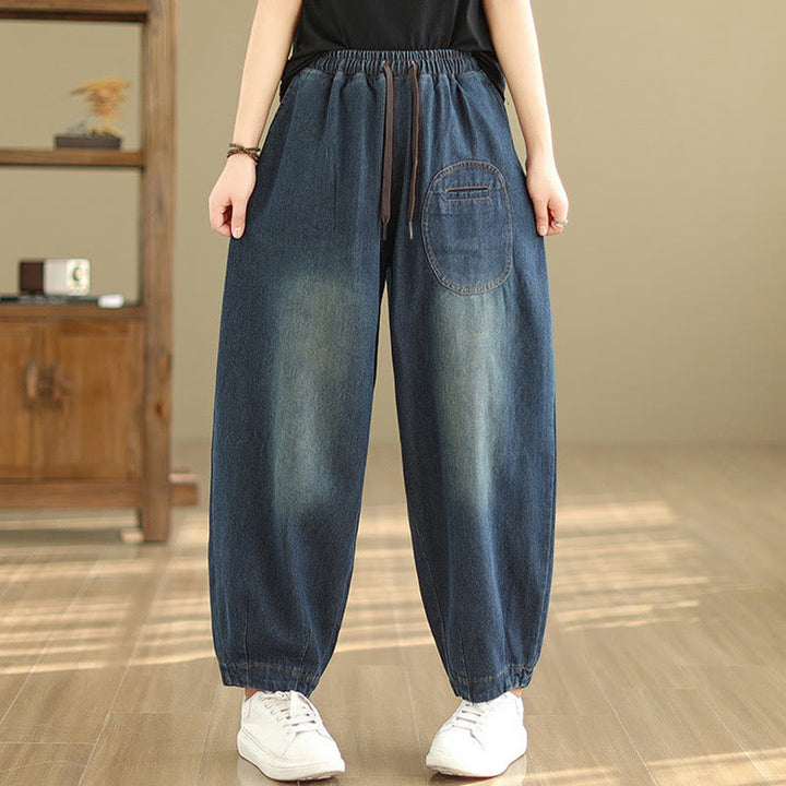 Spodnie haremowe damskie Buddha Stones Casual DarkSlateBlue Plain Drawstring Cotton z kieszeniami - image 2