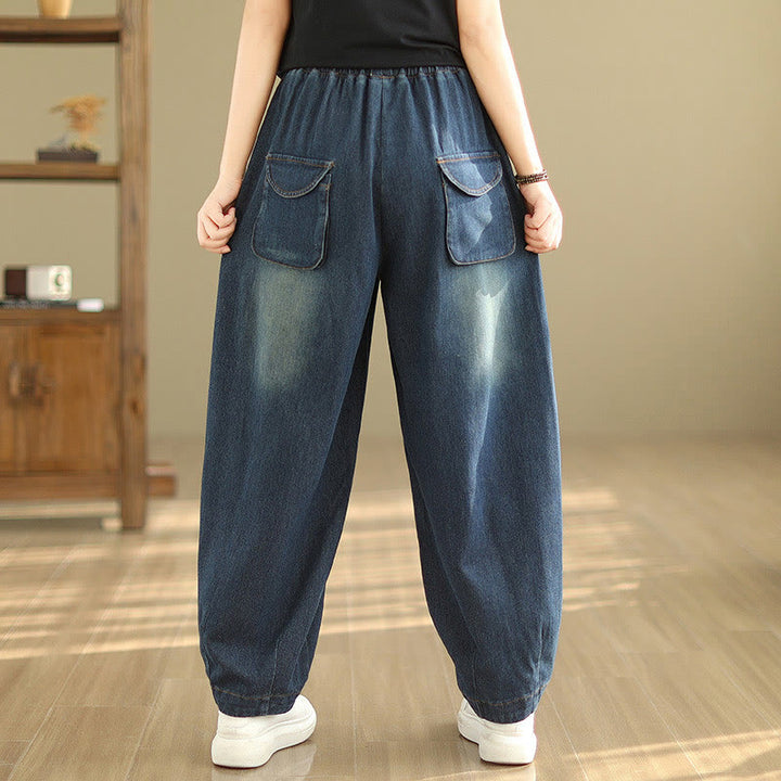 Spodnie haremowe damskie Buddha Stones Casual DarkSlateBlue Plain Drawstring Cotton z kieszeniami - image 3