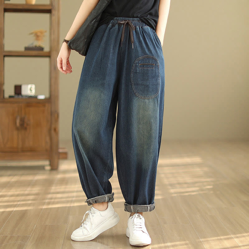 Spodnie haremowe damskie Buddha Stones Casual DarkSlateBlue Plain Drawstring Cotton z kieszeniami - image 1