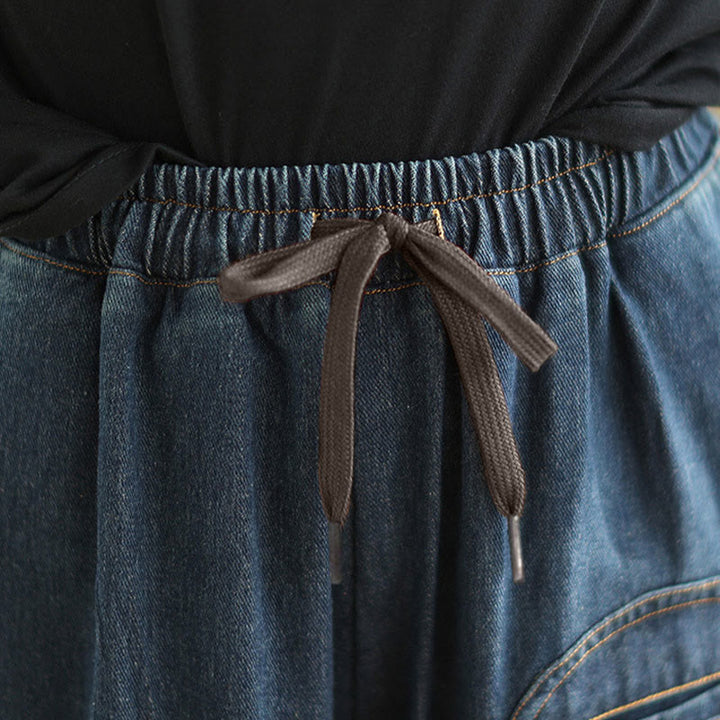 Spodnie haremowe damskie Buddha Stones Casual DarkSlateBlue Plain Drawstring Cotton z kieszeniami - image 9