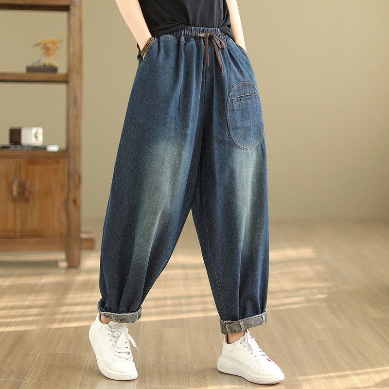 Spodnie haremowe damskie Buddha Stones Casual DarkSlateBlue Plain Drawstring Cotton z kieszeniami - image 5