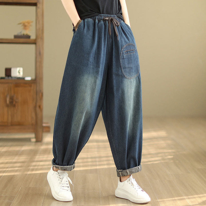 Spodnie haremowe damskie Buddha Stones Casual DarkSlateBlue Plain Drawstring Cotton z kieszeniami - image 5