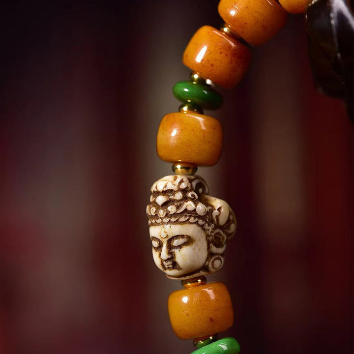 Buddha Stones Naturalne Tybetańskie Koraliki z Kości Wielbłąda Głowa Buddy Ochrona Szczęścia Bransoletka