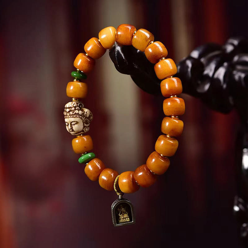 Buddha Stones Naturalne Tybetańskie Koraliki z Kości Wielbłąda Głowa Buddy Ochrona Szczęścia Bransoletka