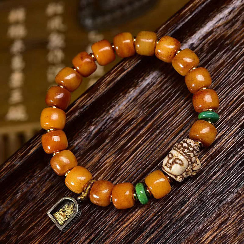 Buddha Stones Naturalne Tybetańskie Koraliki z Kości Wielbłąda Głowa Buddy Ochrona Szczęścia Bransoletka