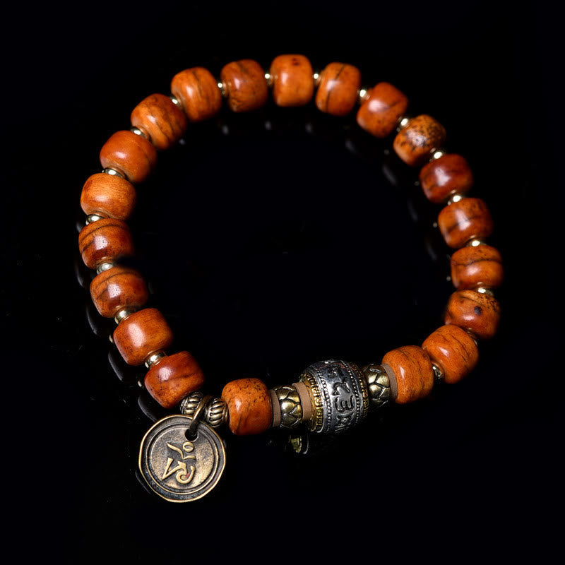 Buddha Stones Naturalne Tybetańskie Koraliki z Kości Wielbłąda OM Sanskrit Ochrona Szczęścia Bransoletka