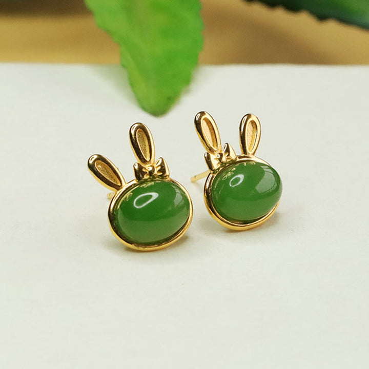 Buddha Stones 925 Srebro Sterling Hetian Cyan Jade Cute Rabbit Luck
