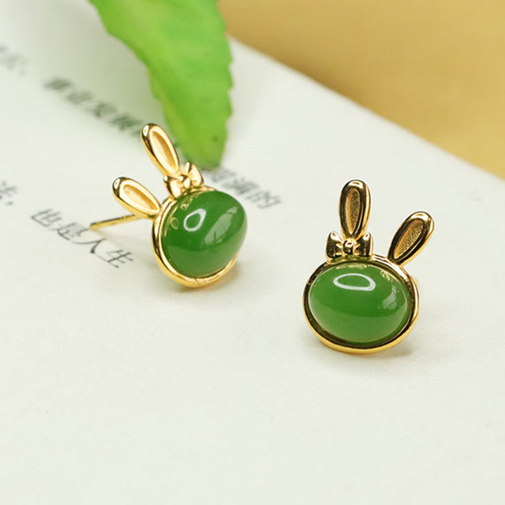 Buddha Stones 925 Srebro Sterling Hetian Cyan Jade Cute Rabbit Luck