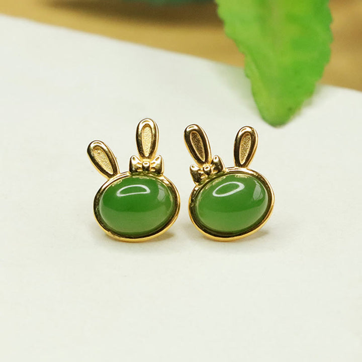 Buddha Stones 925 Srebro Sterling Hetian Cyan Jade Cute Rabbit Luck