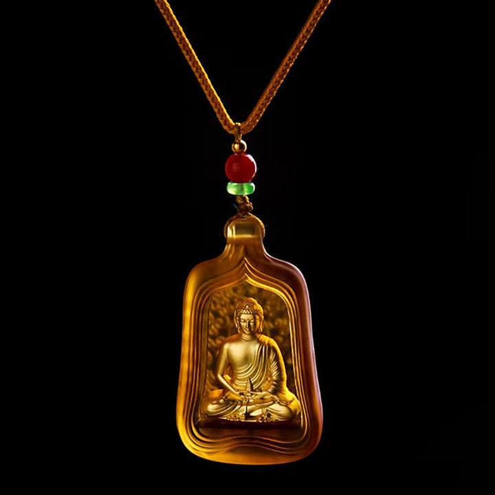 Buddha Stones Tybetański Budda Medycyny Liuli Kryształ Współczucie Spokój Naszyjnik Wisiorek - Żółta lina Buddy Medycyny - image 10