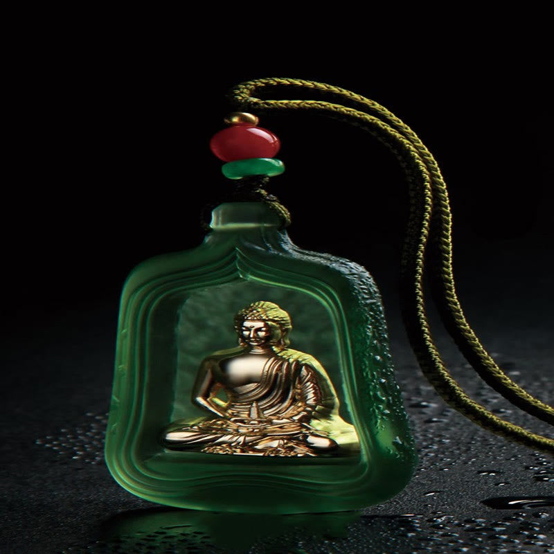 Buddha Stones Tybetański Budda Medycyny Liuli Kryształ Współczucie Spokój Naszyjnik Wisiorek - Zielona lina Buddy Medycyny - image 8
