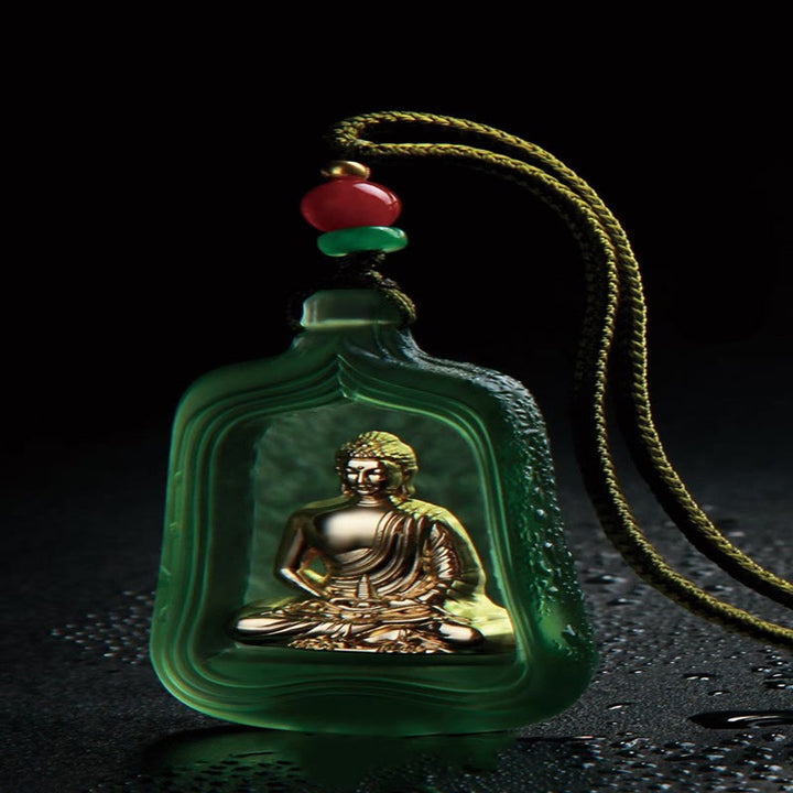 Buddha Stones Tybetański Budda Medycyny Liuli Kryształ Współczucie Spokój Naszyjnik Wisiorek - Zielona lina Buddy Medycyny - image 8