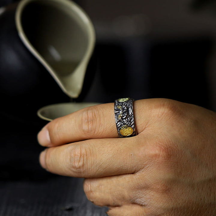 Buddha Stones 925 Srebro Sterlingowe PiXiu Miedziana Moneta Mosiądz Bogactwo Szczęście Regulowany Pierścień - image 9