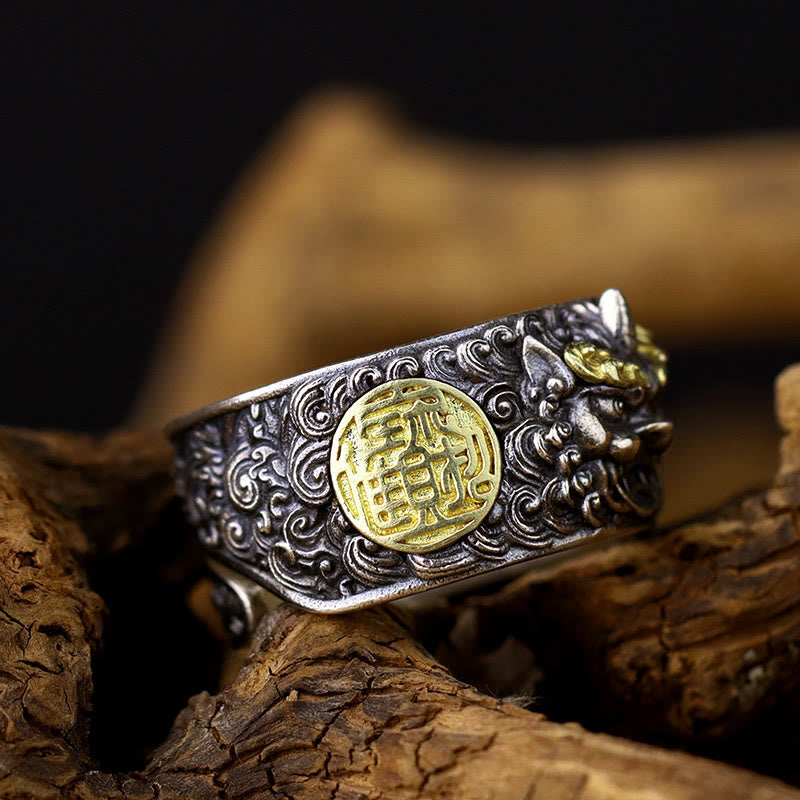 Buddha Stones 925 Srebro Sterlingowe PiXiu Miedziana Moneta Mosiądz Bogactwo Szczęście Regulowany Pierścień