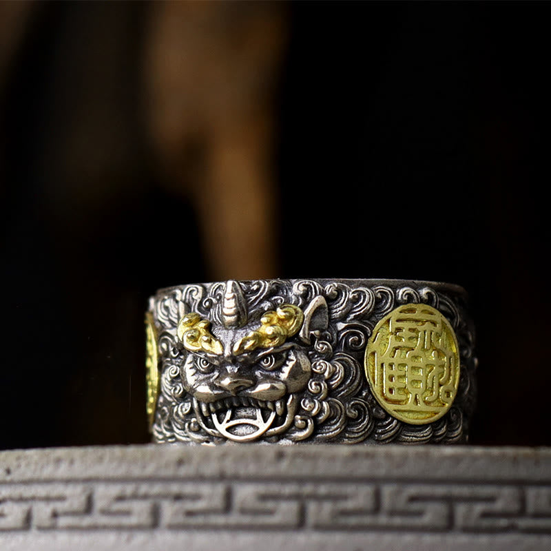 Buddha Stones 925 Srebro Sterlingowe PiXiu Miedziana Moneta Mosiądz Bogactwo Szczęście Regulowany Pierścień