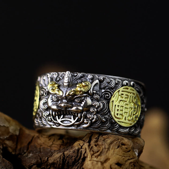 Buddha Stones 925 Srebro Sterlingowe PiXiu Miedziana Moneta Mosiądz Bogactwo Szczęście Regulowany Pierścień