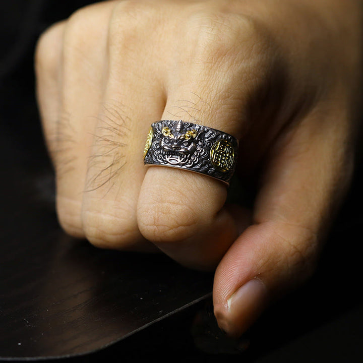 Buddha Stones 925 Srebro Sterlingowe PiXiu Miedziana Moneta Mosiądz Bogactwo Szczęście Regulowany Pierścień - image 4