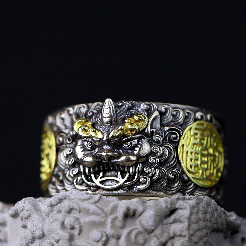 Buddha Stones 925 Srebro Sterlingowe PiXiu Miedziana Moneta Mosiądz Bogactwo Szczęście Regulowany Pierścień