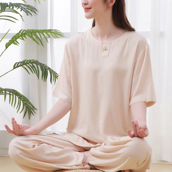 Buddha Stones 2 szt. Jednolity kolor Żaba-guzik Prosty design Okrągły dekolt Półrękaw Koszula Top Elastyczny pas Spodnie Medytacja Zen Tai Chi Bawełniana odzież damska Zestaw