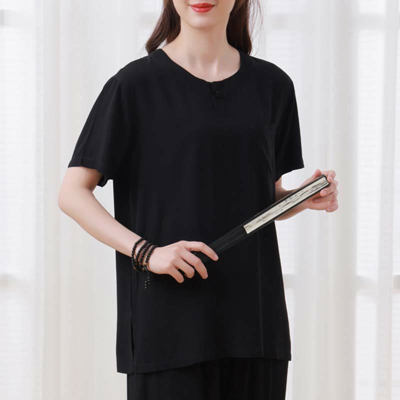 Buddha Stones 2 szt. Jednolity kolor Żaba-guzik Prosty design Okrągły dekolt Półrękaw Koszula Top Elastyczny pas Spodnie Medytacja Zen Tai Chi Bawełniana odzież damska Zestaw - image 21