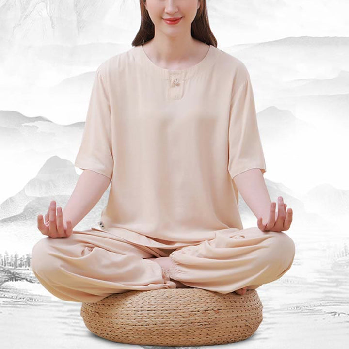 Buddha Stones 2 szt. Jednolity kolor Żaba-guzik Prosty design Okrągły dekolt Półrękaw Koszula Top Elastyczny pas Spodnie Medytacja Zen Tai Chi Bawełniana odzież damska Zestaw