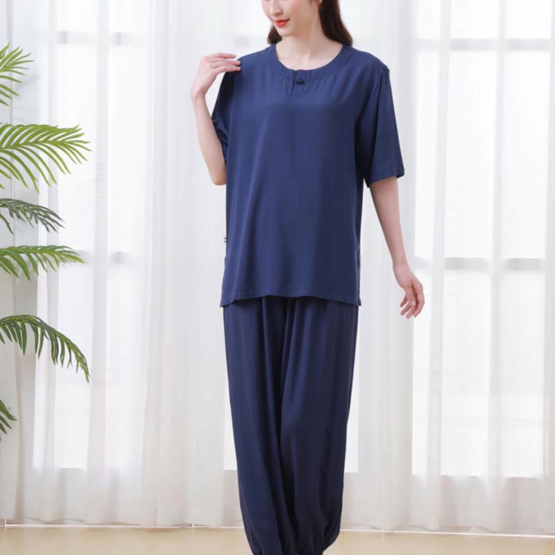 Buddha Stones 2 szt. Jednolity kolor Żaba-guzik Prosty design Okrągły dekolt Półrękaw Koszula Top Elastyczny pas Spodnie Medytacja Zen Tai Chi Bawełniana odzież damska Zestaw - image 25