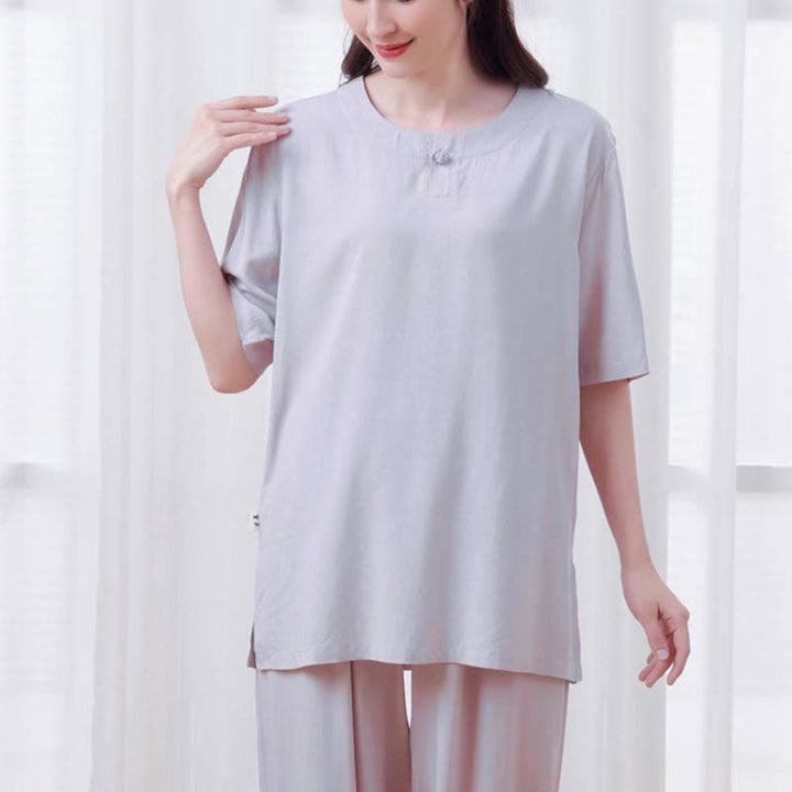 Buddha Stones 2 szt. Jednolity kolor Żaba-guzik Prosty design Okrągły dekolt Półrękaw Koszula Top Elastyczny pas Spodnie Medytacja Zen Tai Chi Bawełniana odzież damska Zestaw - image 17