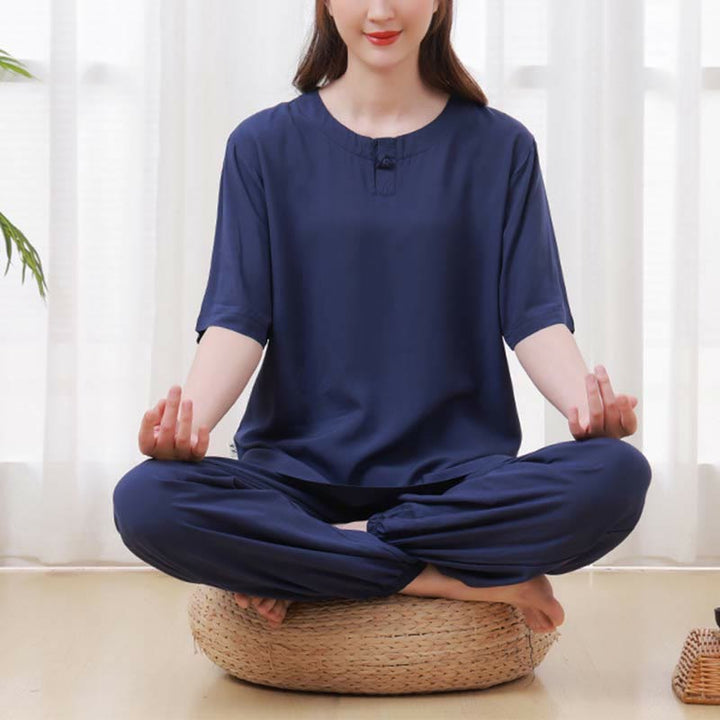 Buddha Stones 2 szt. Jednolity kolor Żaba-guzik Prosty design Okrągły dekolt Półrękaw Koszula Top Elastyczny pas Spodnie Medytacja Zen Tai Chi Bawełniana odzież damska Zestaw