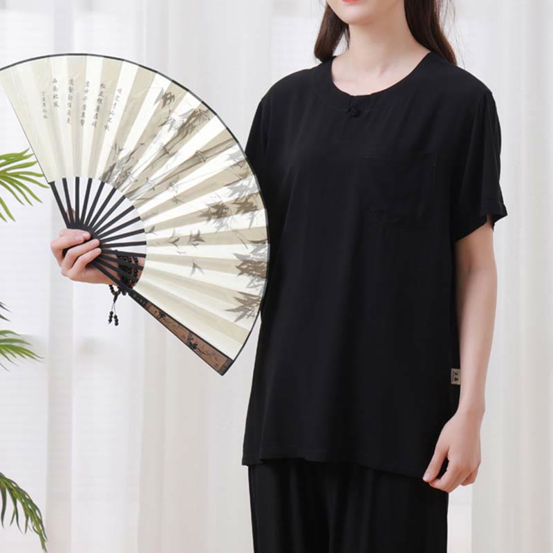 Buddha Stones 2 szt. Jednolity kolor Żaba-guzik Prosty design Okrągły dekolt Półrękaw Koszula Top Elastyczny pas Spodnie Medytacja Zen Tai Chi Bawełniana odzież damska Zestaw - image 22