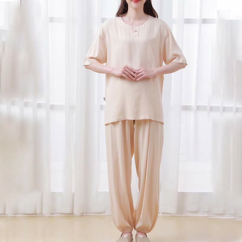 Buddha Stones 2 szt. Jednolity kolor Żaba-guzik Prosty design Okrągły dekolt Półrękaw Koszula Top Elastyczny pas Spodnie Medytacja Zen Tai Chi Bawełniana odzież damska Zestaw - image 5