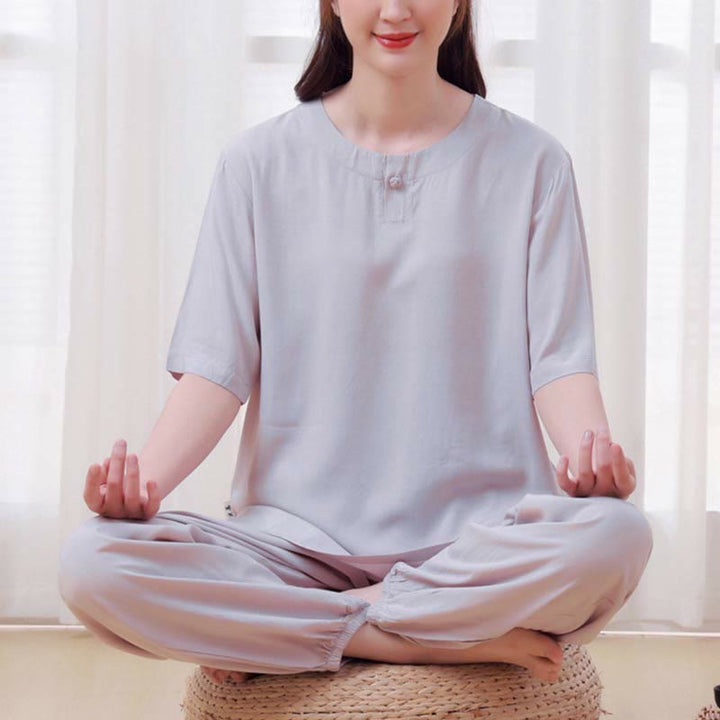 Buddha Stones 2 szt. Jednolity kolor Żaba-guzik Prosty design Okrągły dekolt Półrękaw Koszula Top Elastyczny pas Spodnie Medytacja Zen Tai Chi Bawełniana odzież damska Zestaw