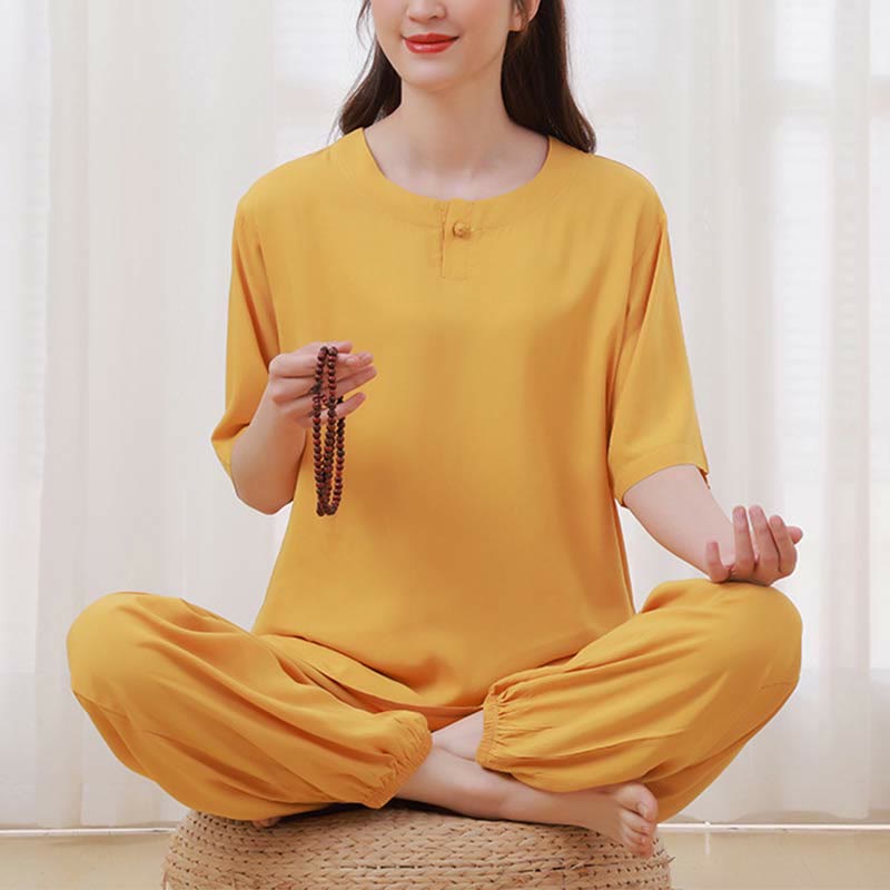 Buddha Stones 2 szt. Jednolity kolor Żaba-guzik Prosty design Okrągły dekolt Półrękaw Koszula Top Elastyczny pas Spodnie Medytacja Zen Tai Chi Bawełniana odzież damska Zestaw