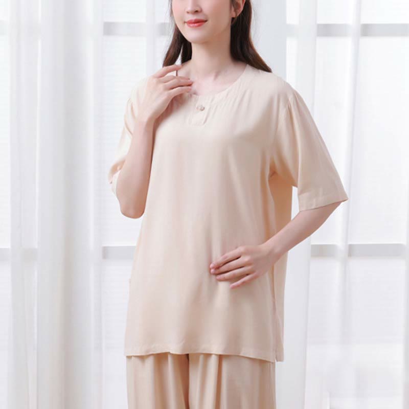 Buddha Stones 2 szt. Jednolity kolor Żaba-guzik Prosty design Okrągły dekolt Półrękaw Koszula Top Elastyczny pas Spodnie Medytacja Zen Tai Chi Bawełniana odzież damska Zestaw - image 3