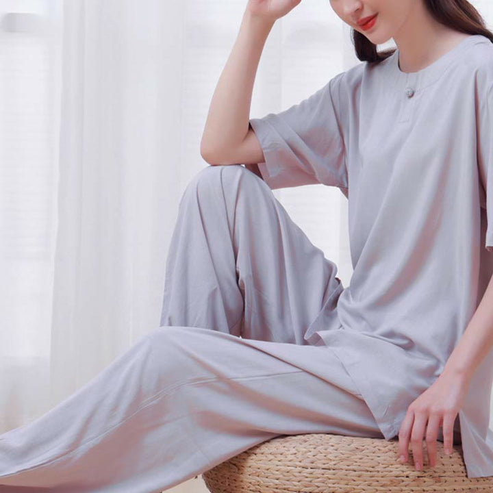 Buddha Stones 2 szt. Jednolity kolor Żaba-guzik Prosty design Okrągły dekolt Półrękaw Koszula Top Elastyczny pas Spodnie Medytacja Zen Tai Chi Bawełniana odzież damska Zestaw - image 18